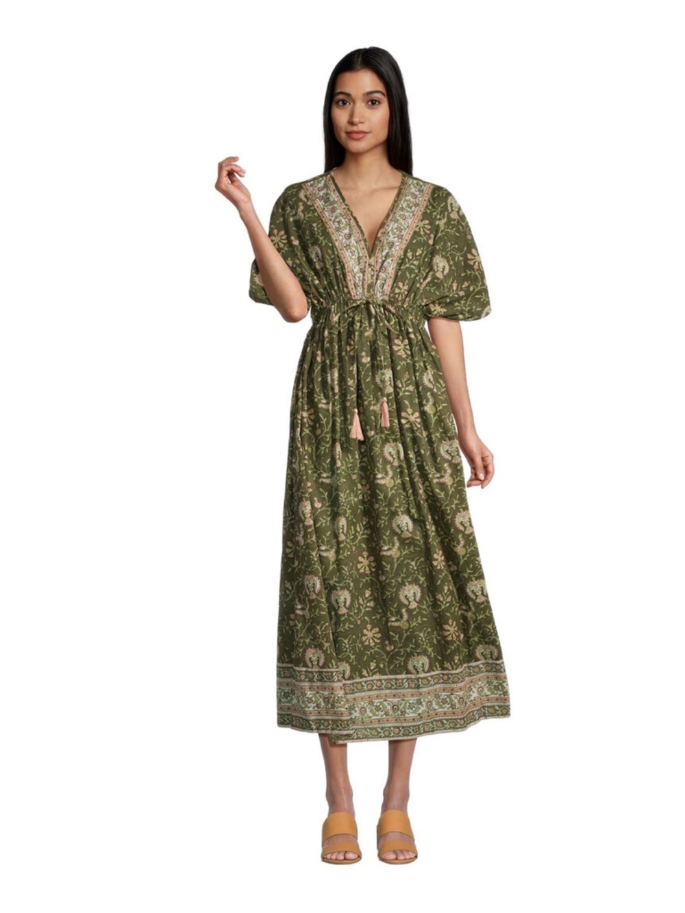 Cost Plus World Market Olive Green Floral Tassel Maxi Dress